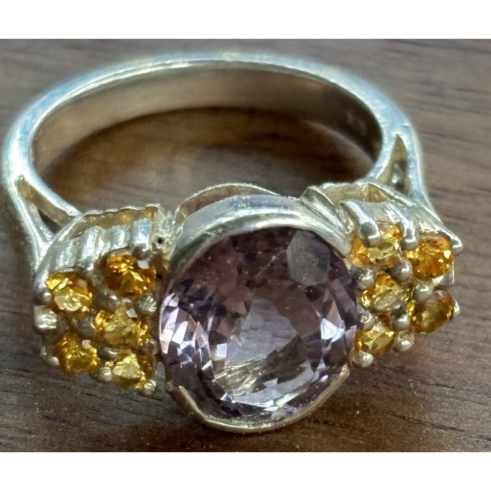 Sterling Silver Ring with Amethyst Center Stone And Citrine Accent Stones Size 9